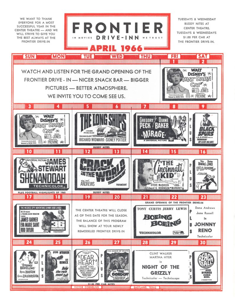 Frontier Drive-Inn monthly movie schedule flyer for April 1966.